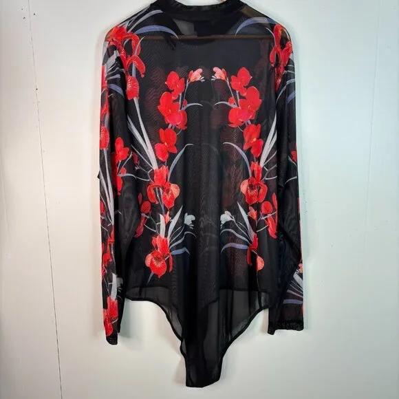 City Chic Bodysuit XXL Women's 24 Black Red Floral Sheer Mesh Mock Neck Stretch - Picture 4 of 8